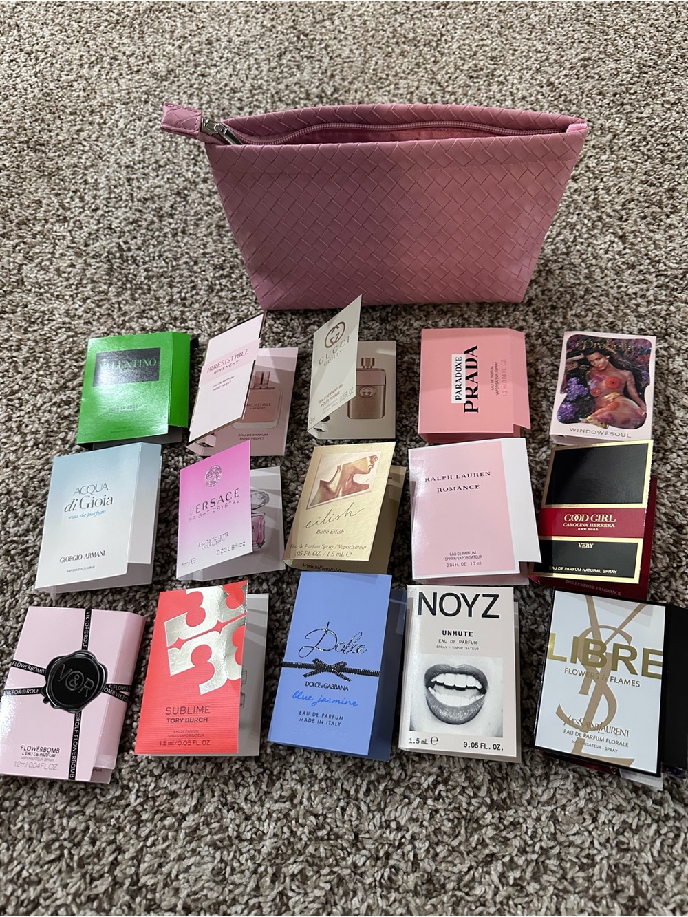 Ulta Beauty Pink Woven Cosmetic Bag with Zipper Pull with perfume samples